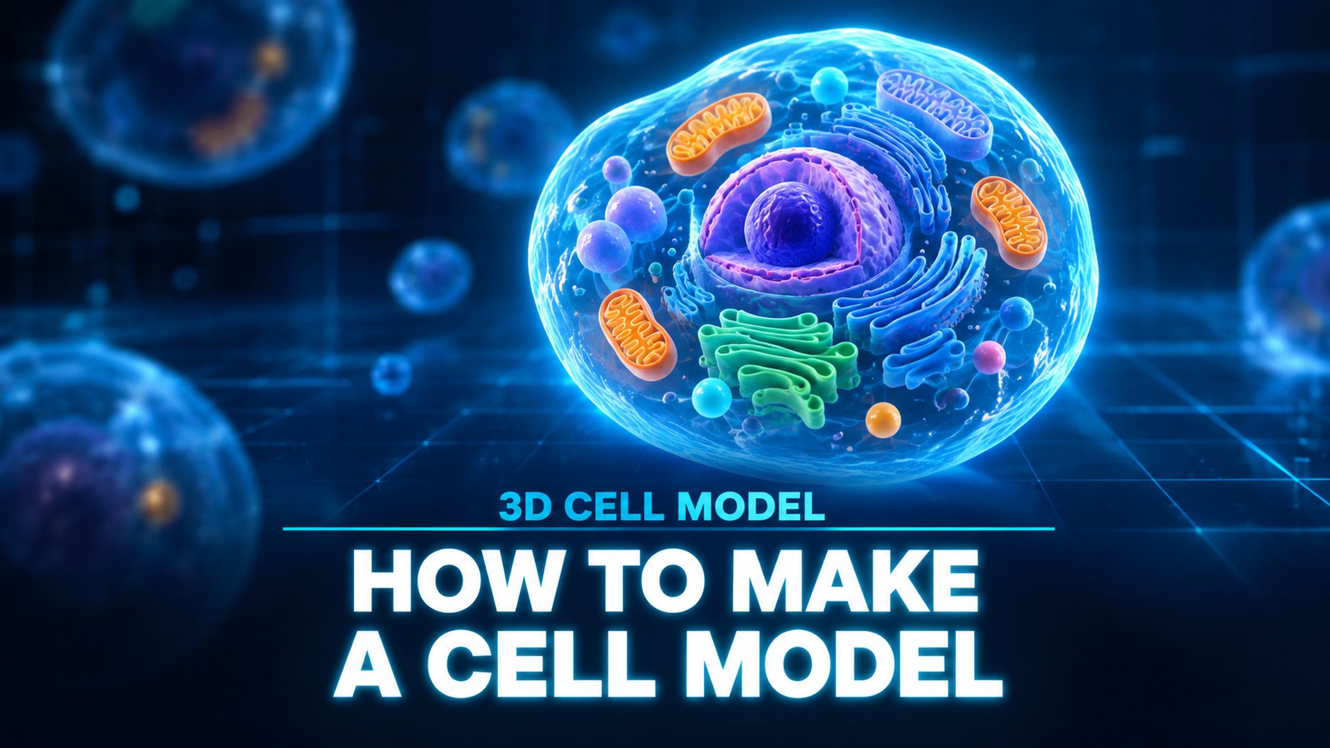 A 3D cell model in cutaway view showing the nucleus, mitochondria, and endoplasmic reticulum, used to illustrate how to make a 3D cell model