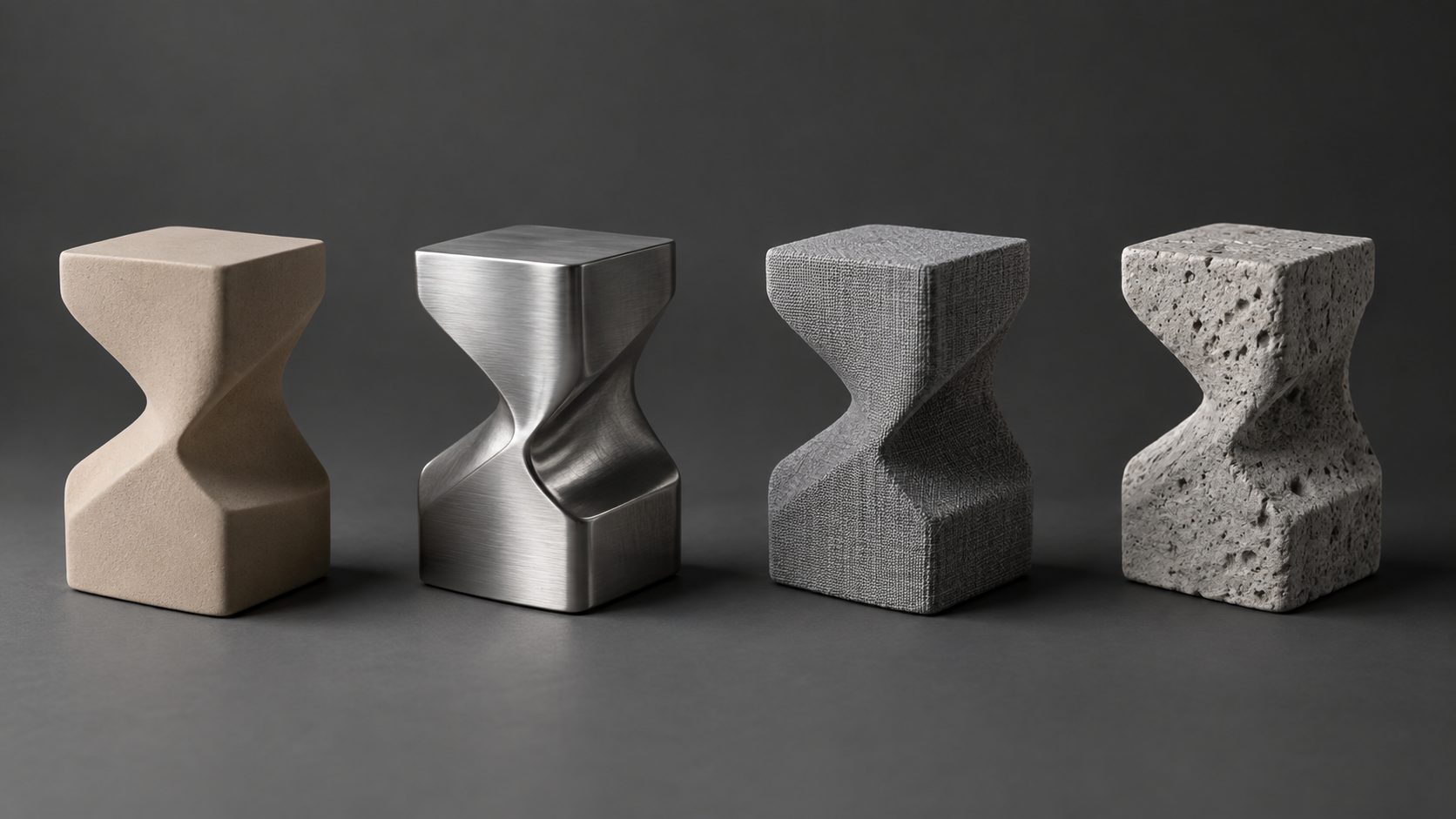 Four identical 3D geometric shapes rendered with different surface materials: matte clay, polished metal, woven fabric, and rough stone