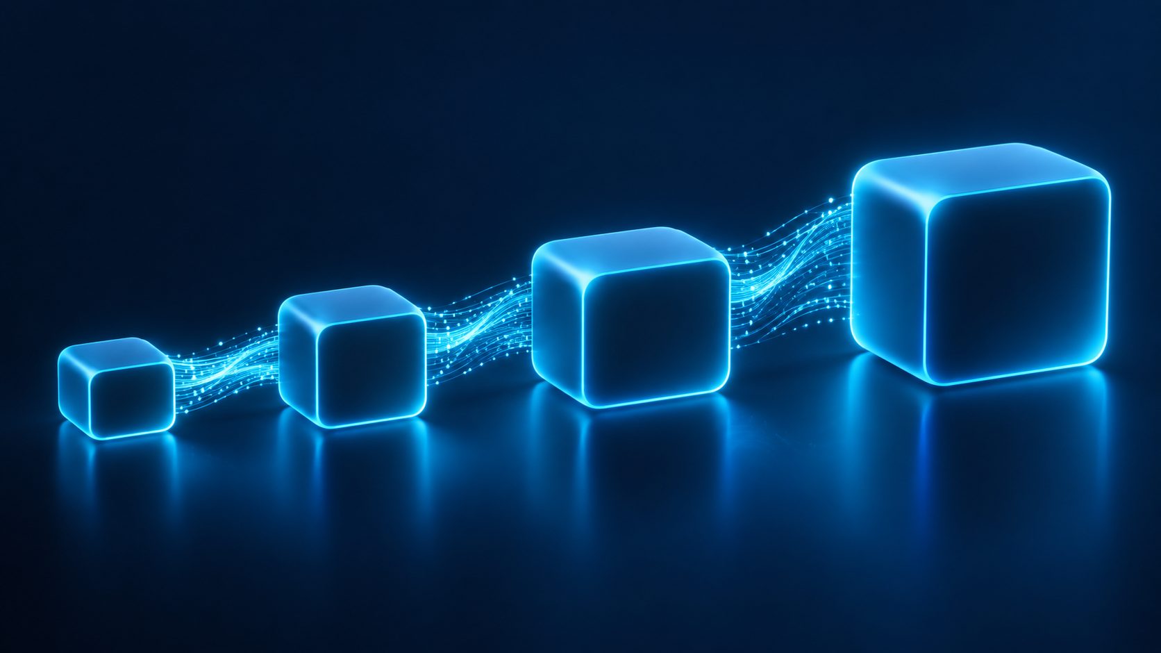 Abstract workflow diagram showing four connected stages of a 3D texture pipeline as geometric blocks with flowing paths between them