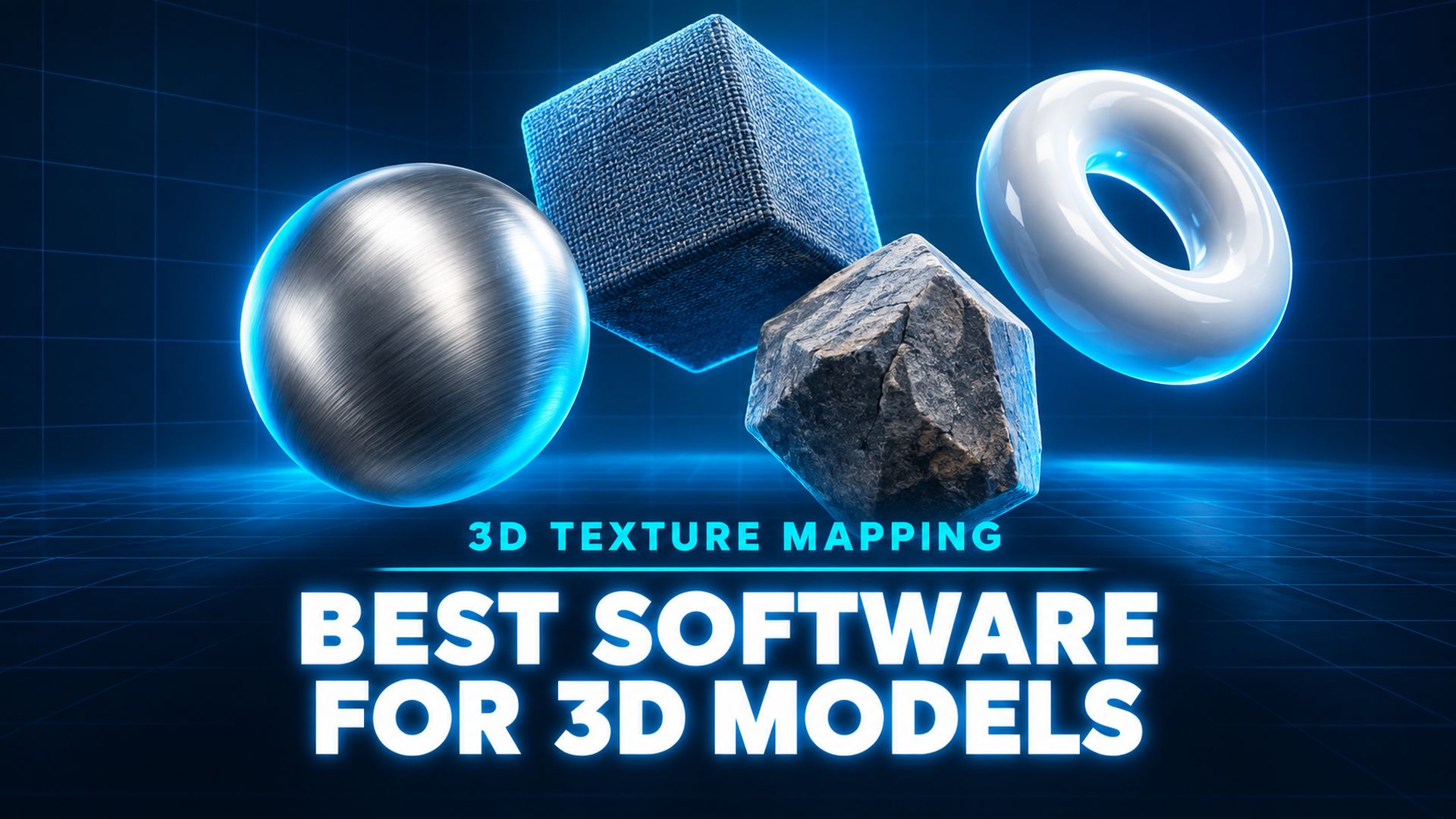PBR surface materials for 3D texture mapping software: brushed metal, woven fabric, polished ceramic, and rough stone