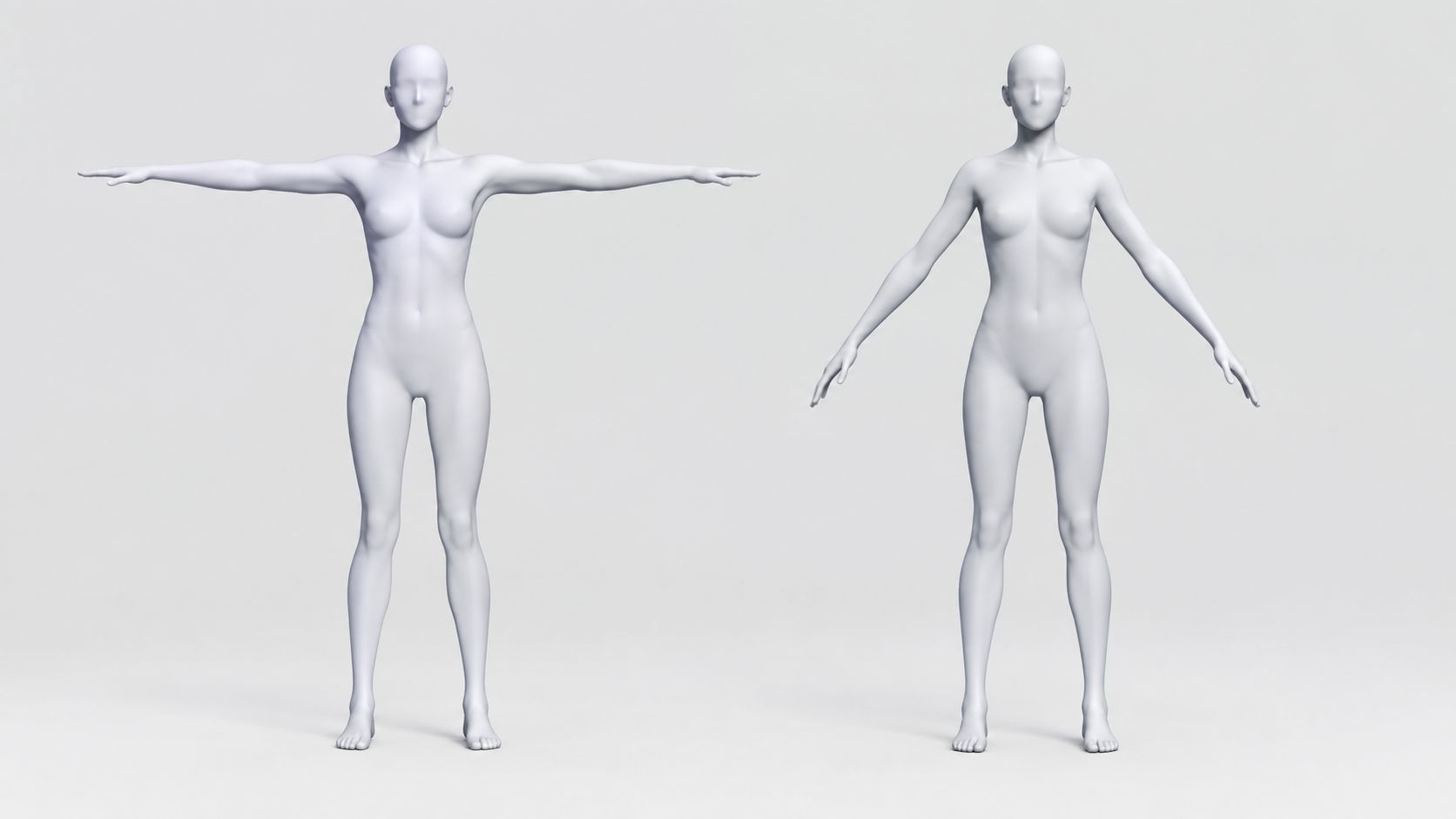 Side by side reference of a 3D humanoid standing in T pose with arms flat and in A pose with arms angled down for rigging
