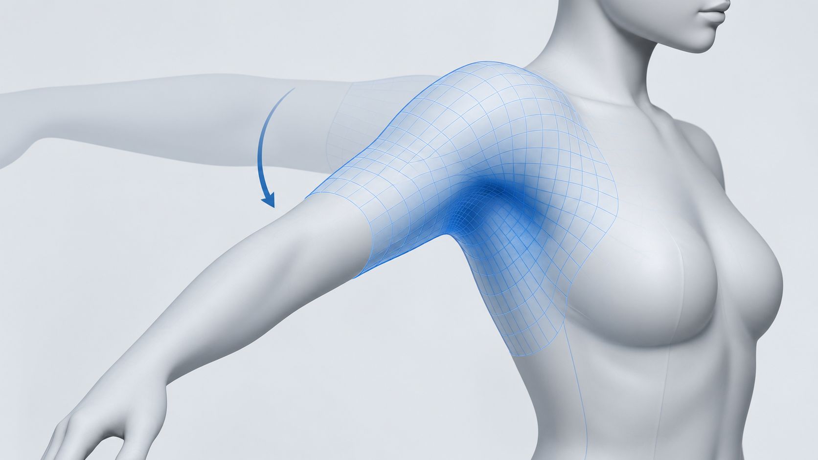 Close up of a character shoulder and armpit region with the arm rotating down to show where A pose avoids deformation