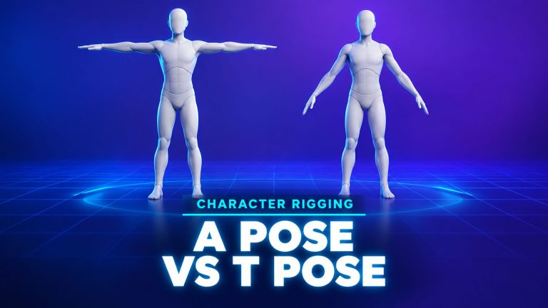 A pose vs T pose comparison of two 3D humanoid characters for rigging and animation