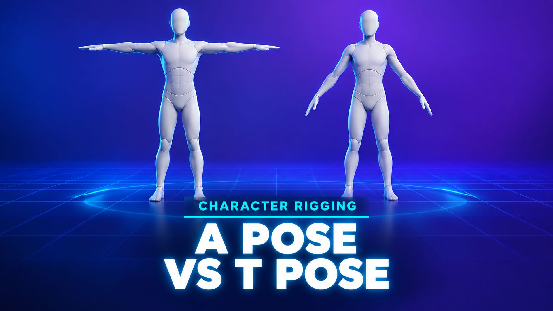 A pose vs T pose comparison of two 3D humanoid characters for rigging and animation