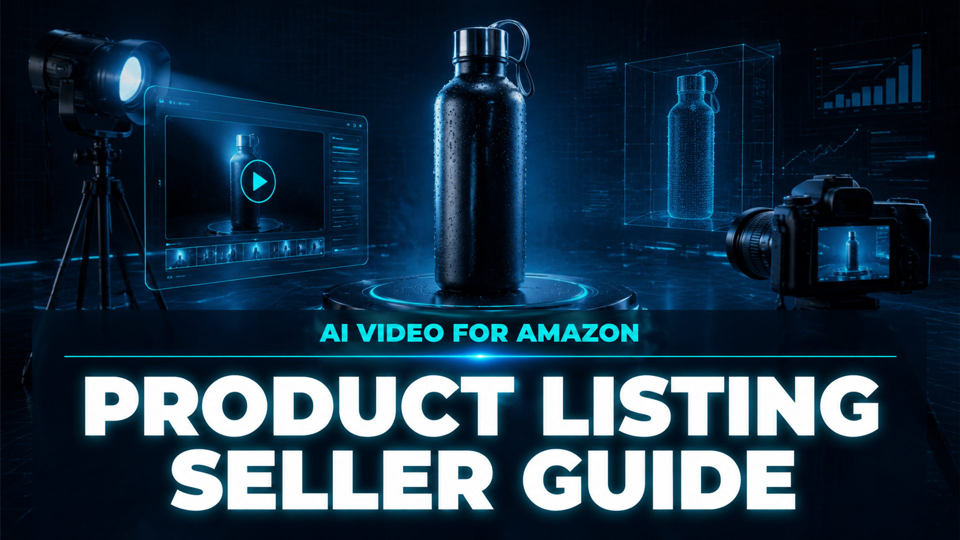 How to add video to Amazon listing: AI video production setup with futuristic tech background