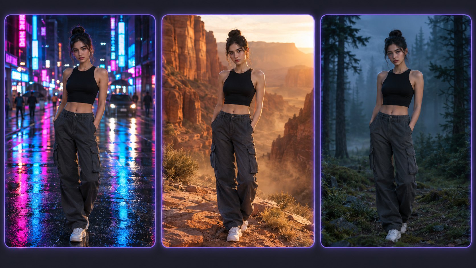 The same AI-generated character placed into three different scenes, a rain-soaked neon city street, a sunlit desert canyon, and a misty pine forest, with identical face, hairstyle, and clothing in all three