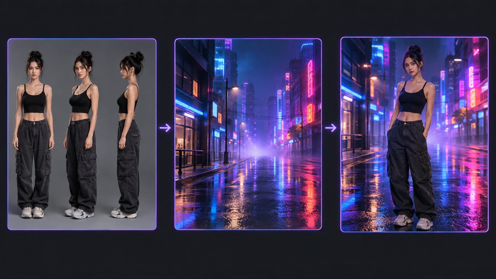 Character consistency workflow showing a three-view character reference sheet, an empty neon city scene, and the same character placed into that scene