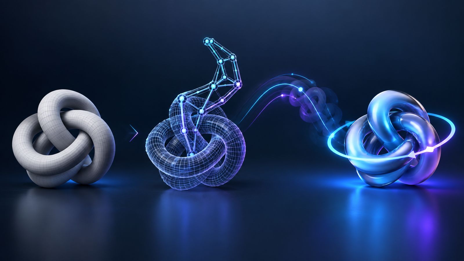 Flow from a static 3D model through rigging and preset motion to an animated GLB output
