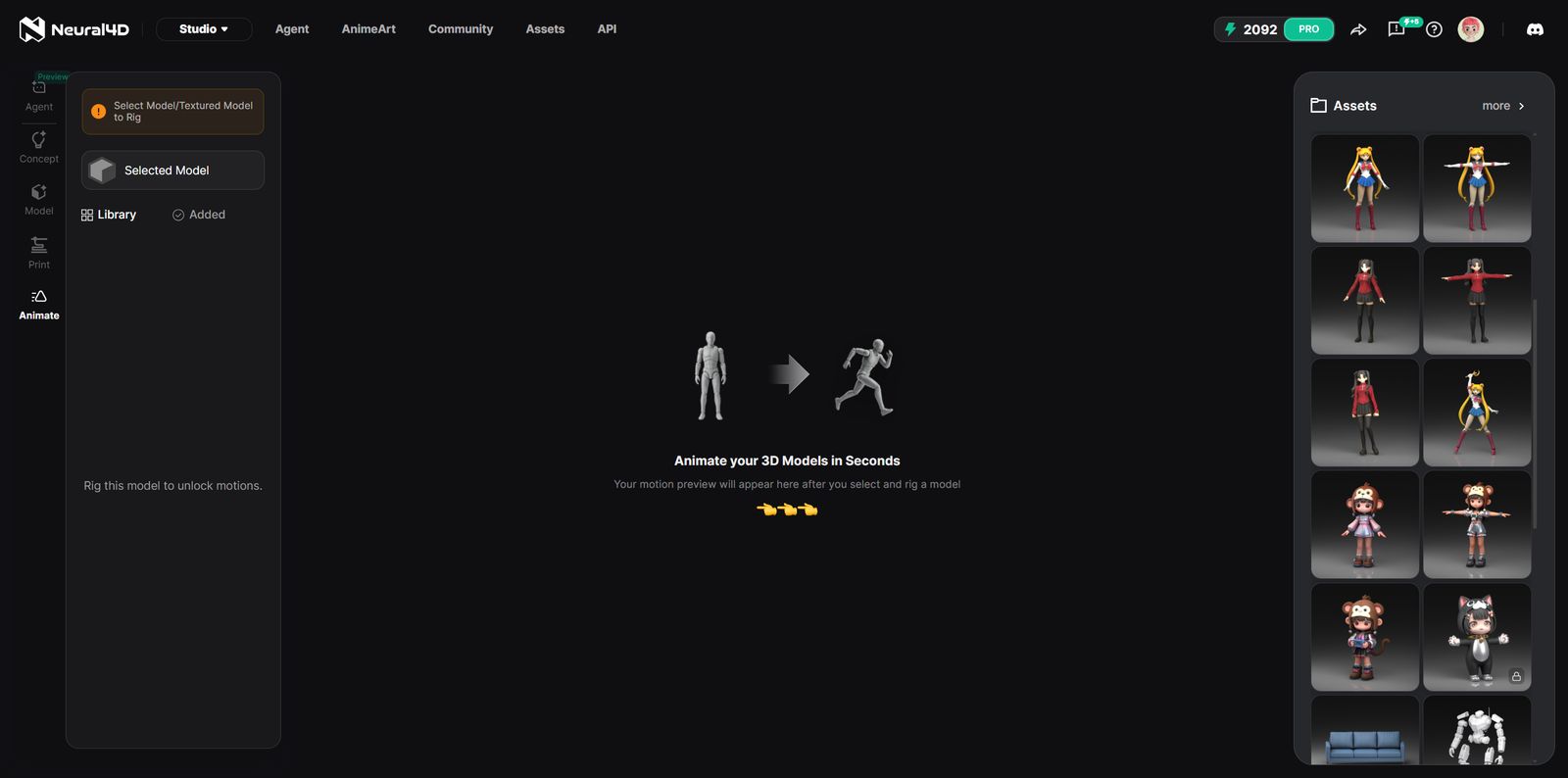Selecting a model from Studio Assets in the Neural4D Animate tool