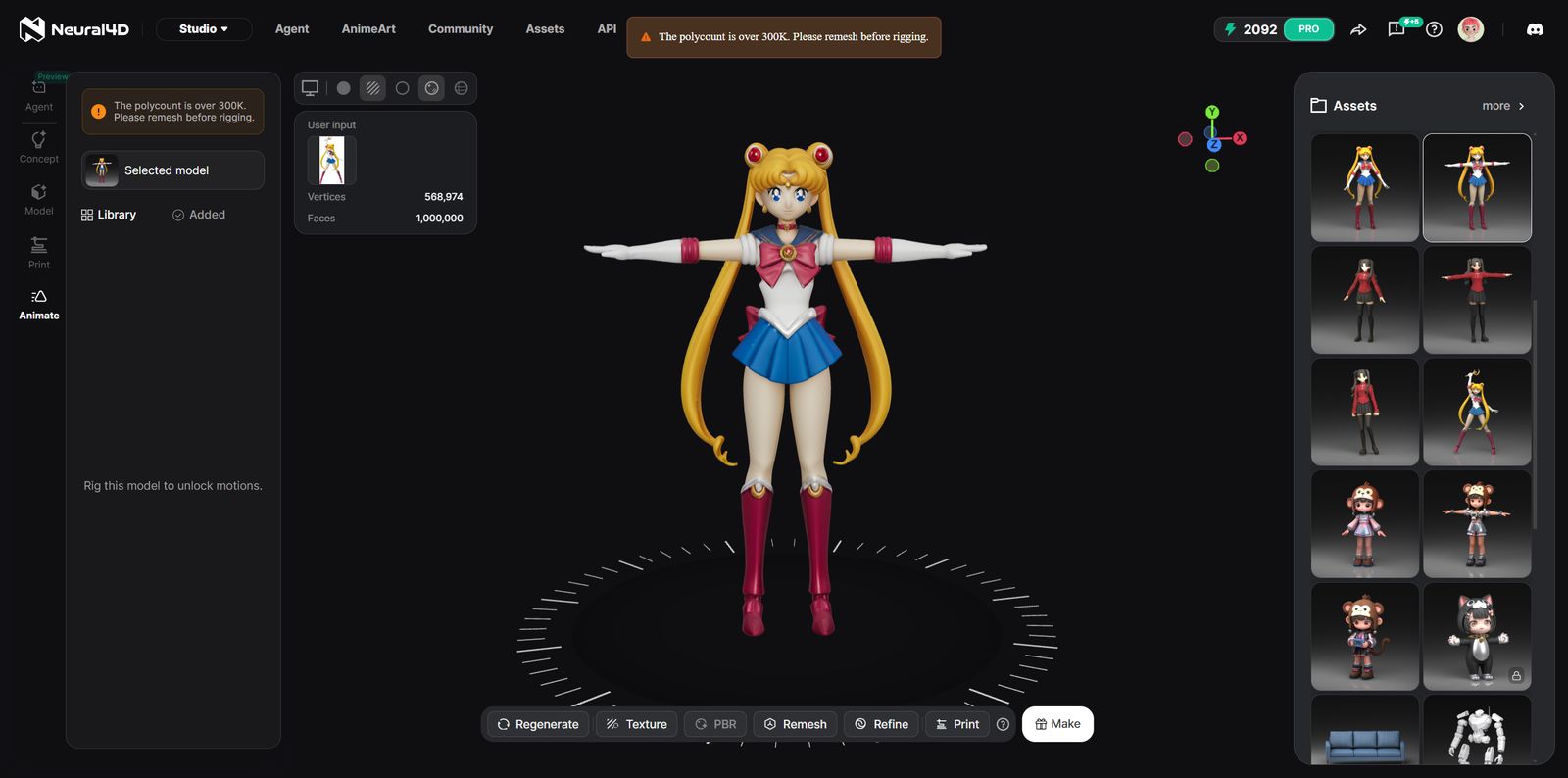 Polycount warning message in Neural4D Animate prompting a remesh before rigging