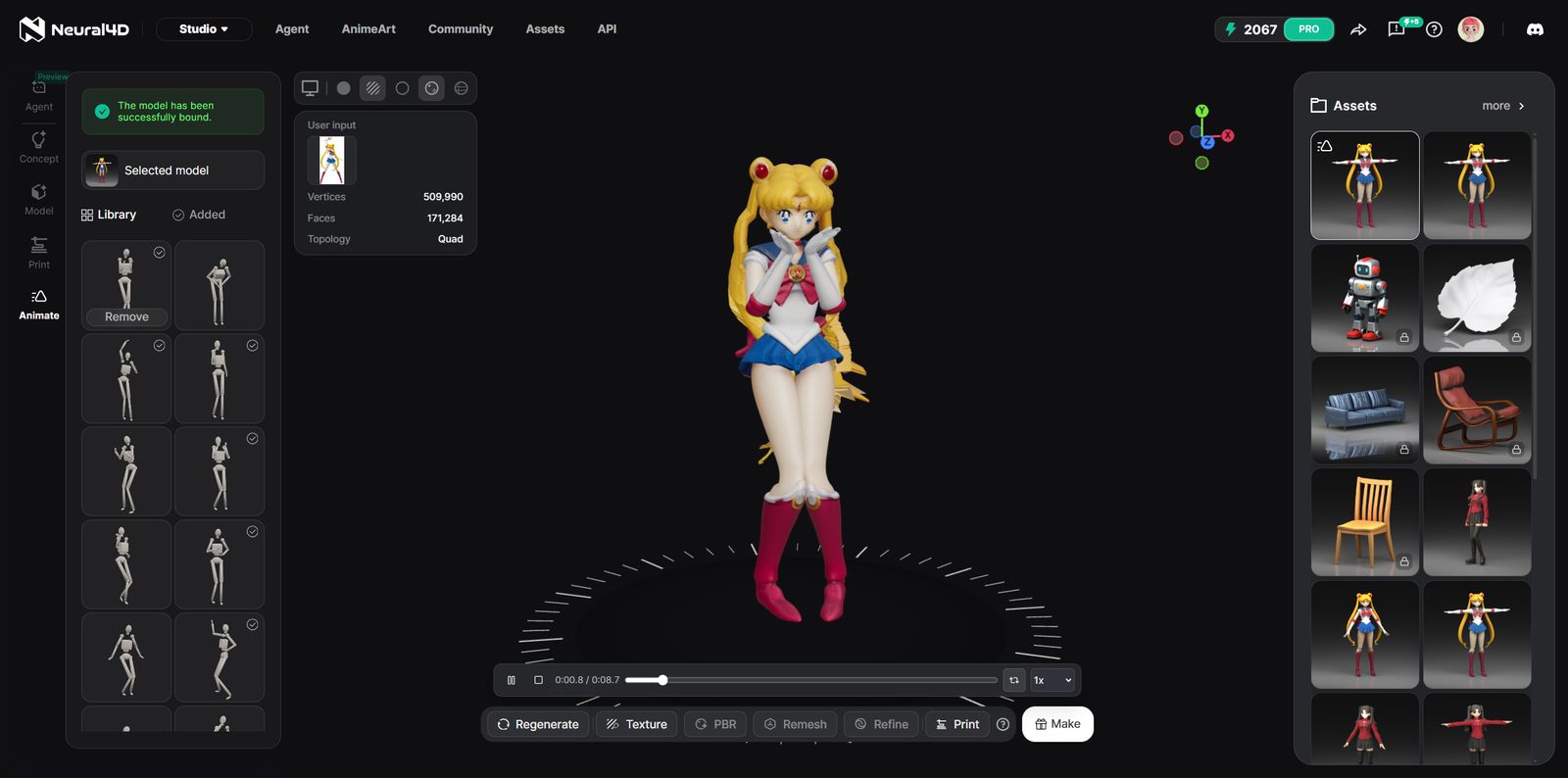 Choosing a preset motion for a rigged model inside the Neural4D Animate tool