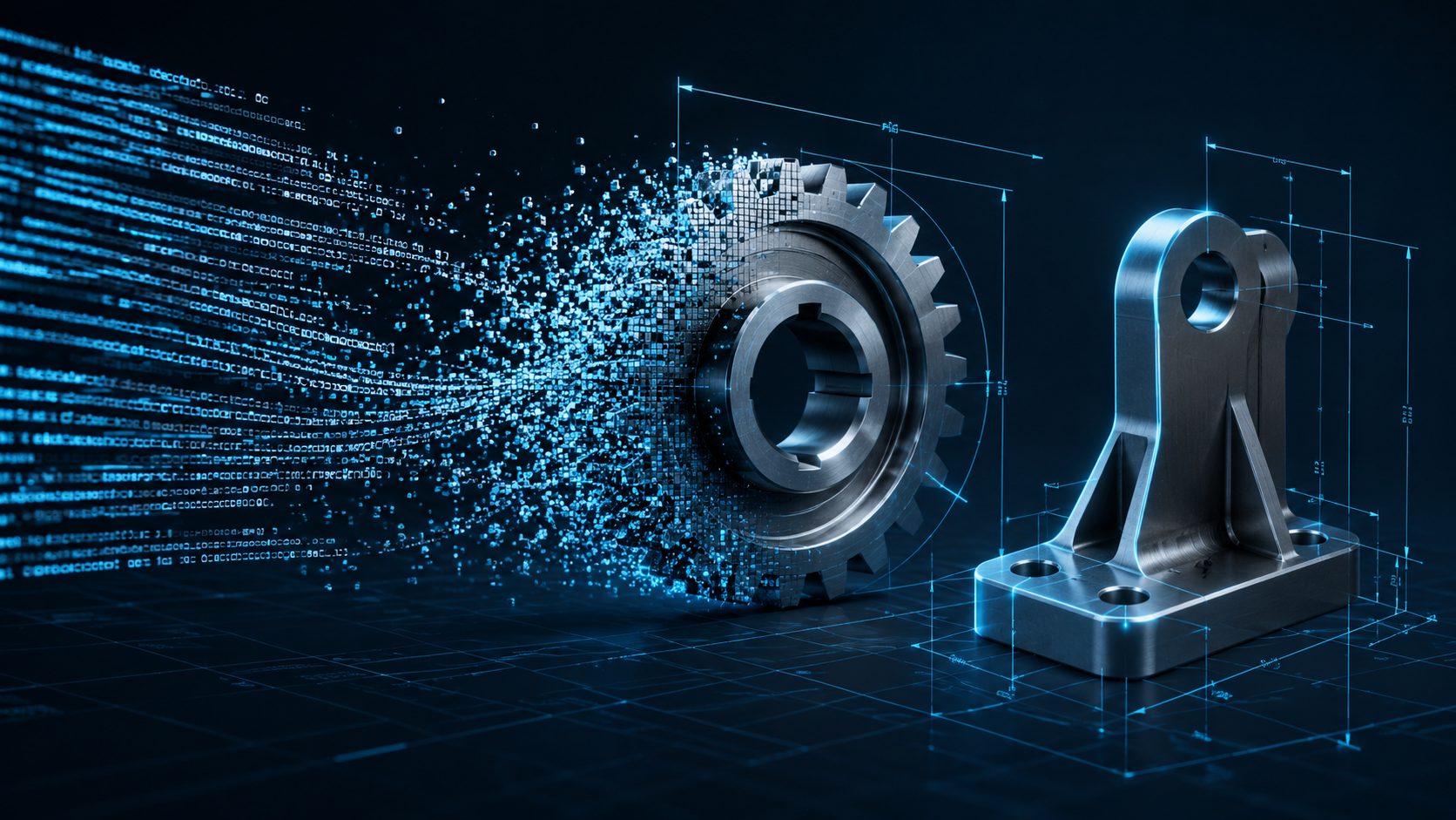 Abstract concept of a text prompt turning into a precise mechanical gear with dimension callouts