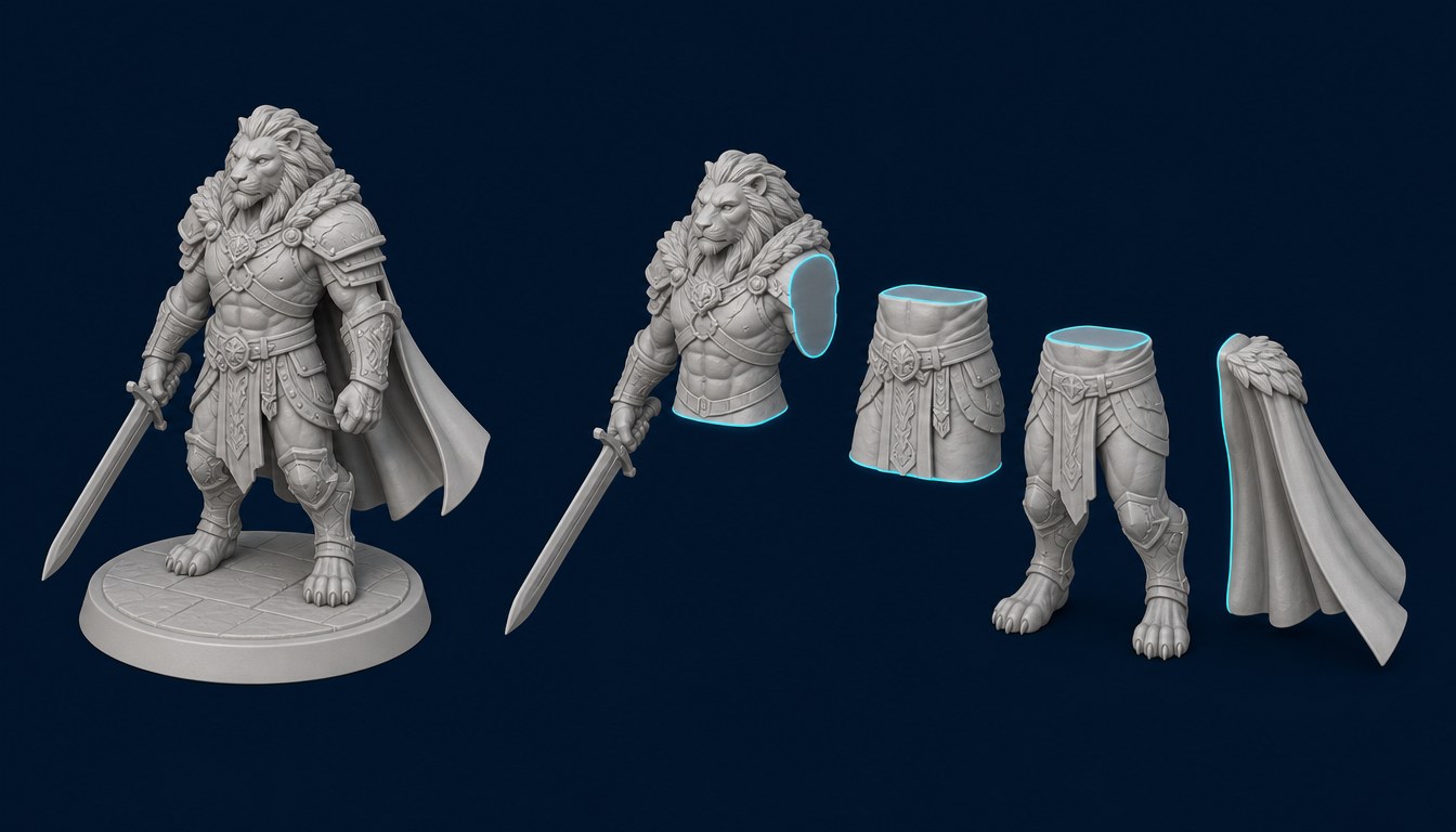 Illustration of a fused AI-generated figurine mesh beside the same model separated into printable parts with flat cut faces for a build volume that cannot fit it whole
