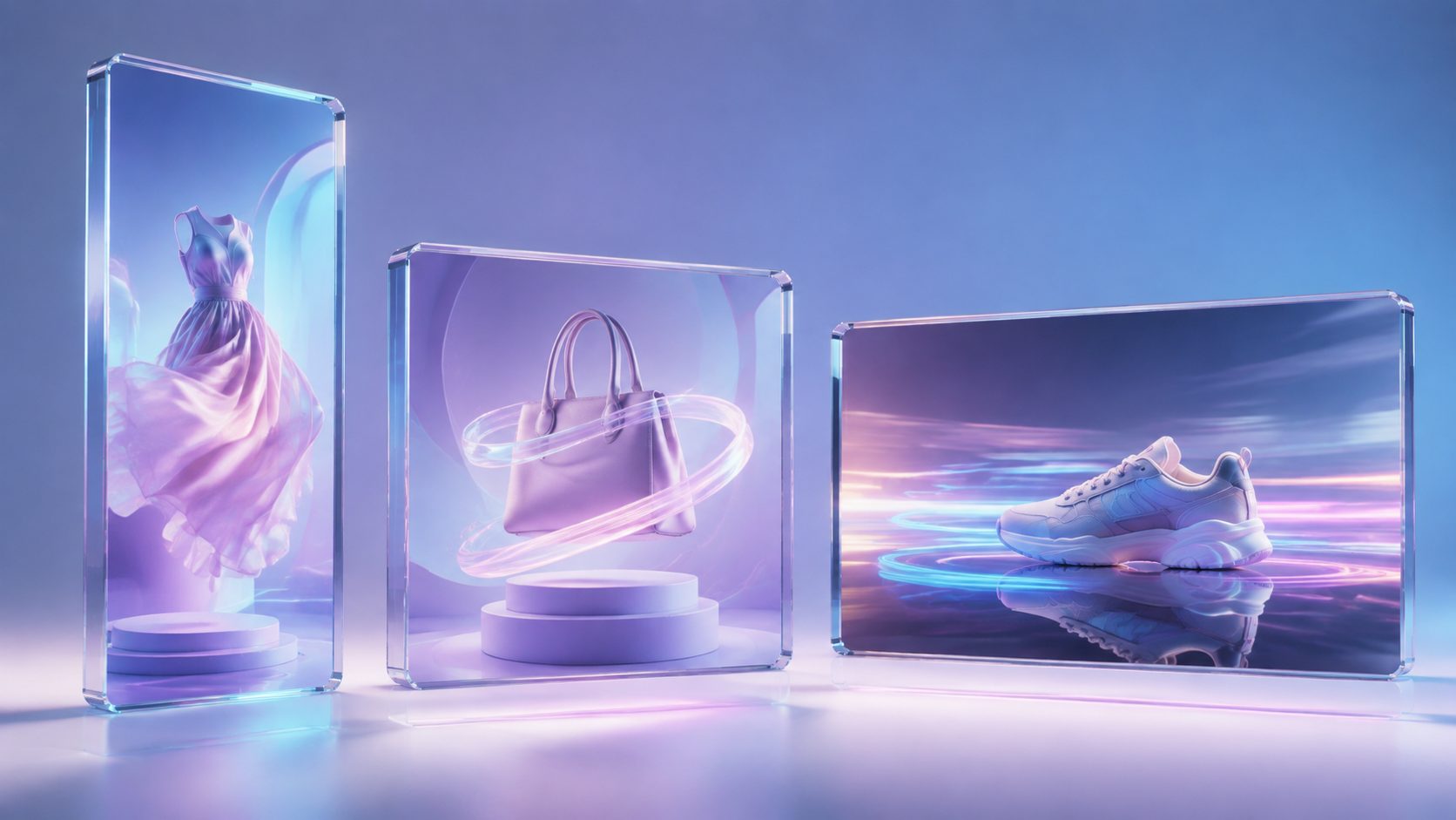 Three ad video formats side by side: vertical reel, square product loop, and widescreen pre-roll canvas