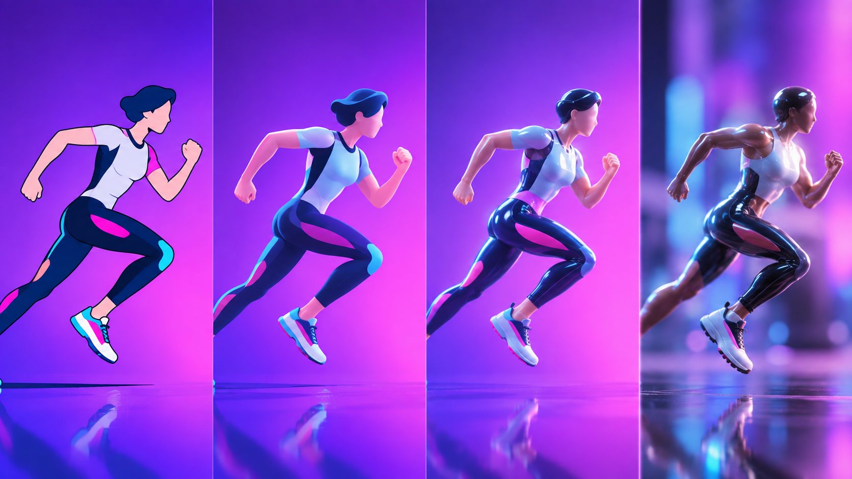 Concept illustration showing a stylized character's appearance changing across successive frames