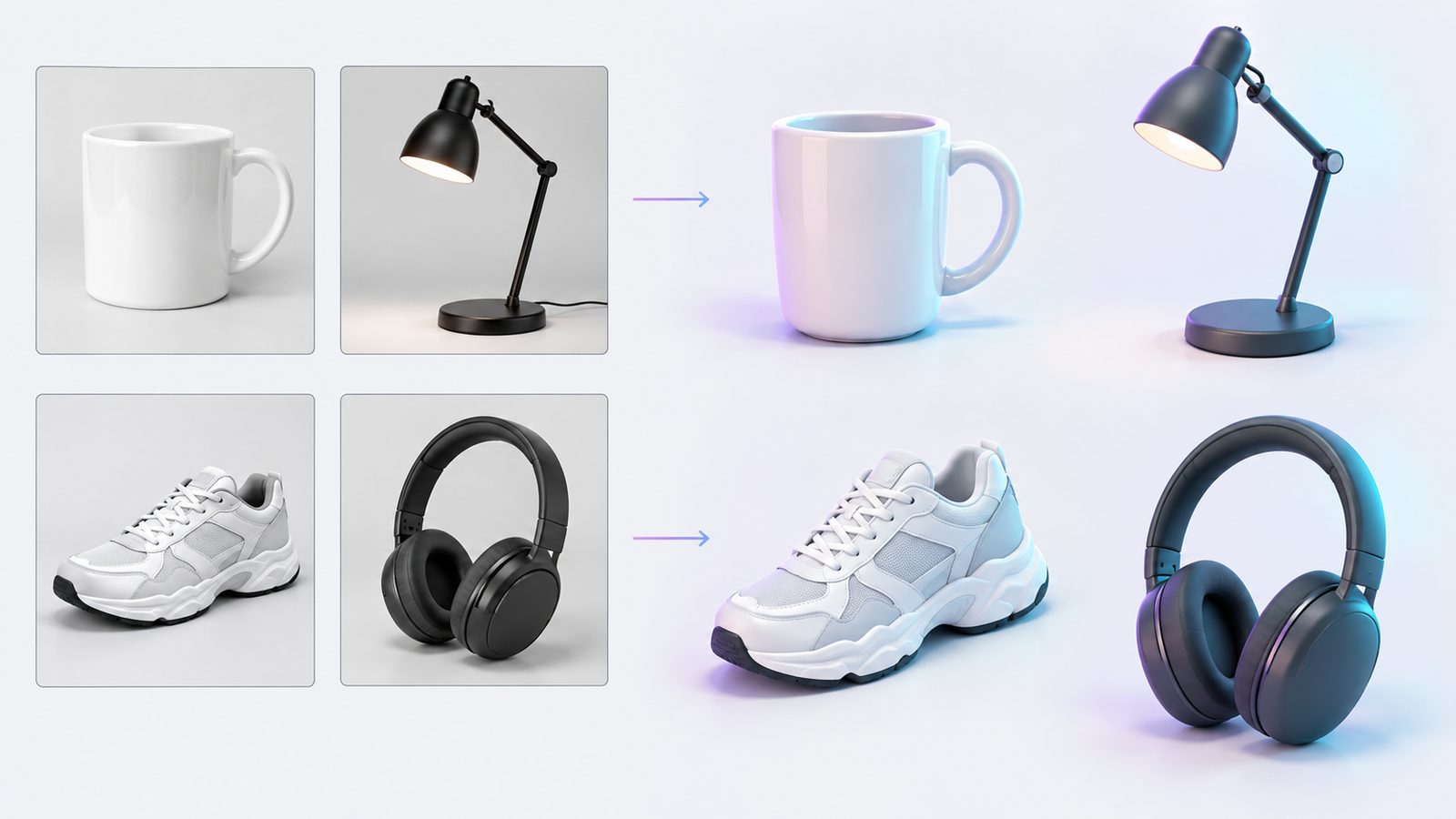 Diagram showing multiple product photos each becoming an independent 3D model in a batch image to 3D workflow