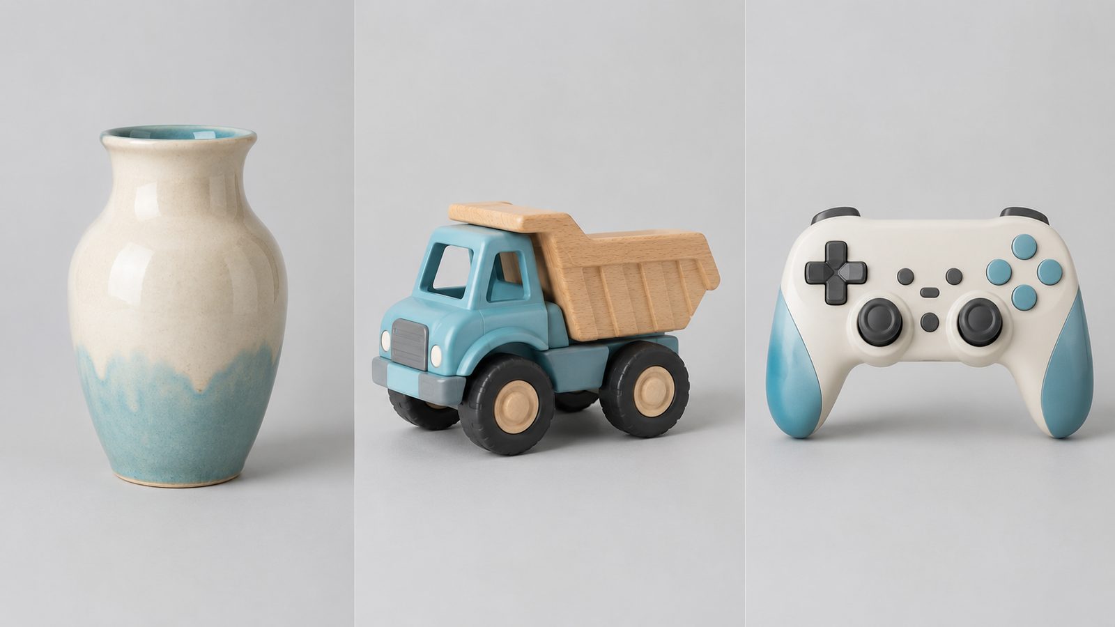Reference product photos arranged side by side with one clear subject each for a batch image to 3D conversion
