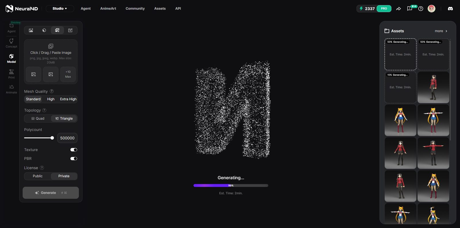 Neural4D results grid showing several independently generated 3D models from a batch image to 3D run