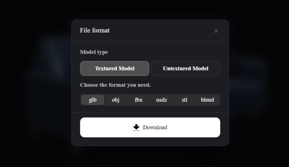 Neural4D export format menu listing OBJ, FBX, GLB, USDZ, STL, and BLEND options for a batch 3D model