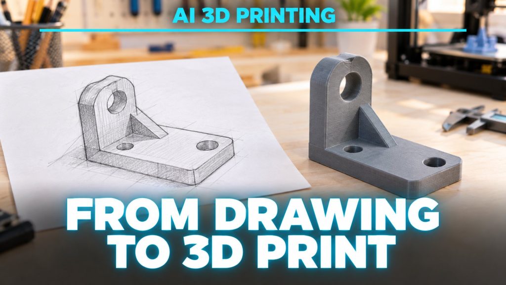 Hand-drawn sketch of a bracket next to the same part 3D printed in gray plastic