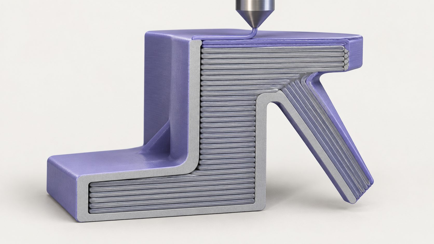 Cross-section of a layered 3D printed part showing nozzle width, stacked layer lines, and an overhang past 45 degrees