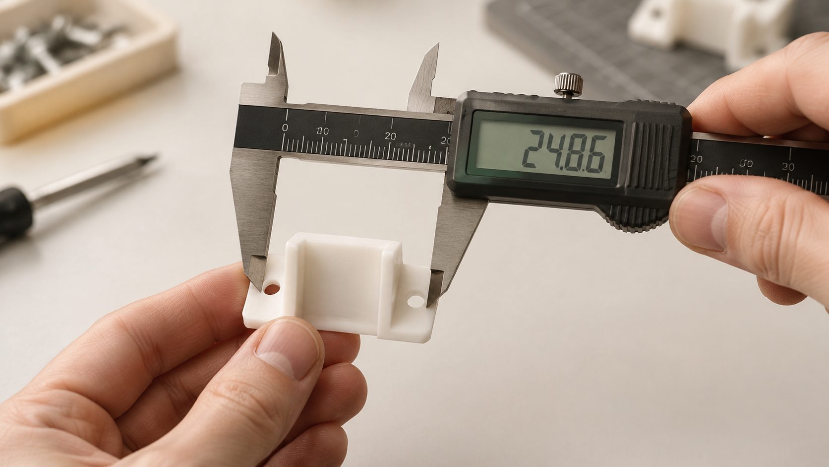Digital calipers measuring a physical object on a maker workbench before modeling begins