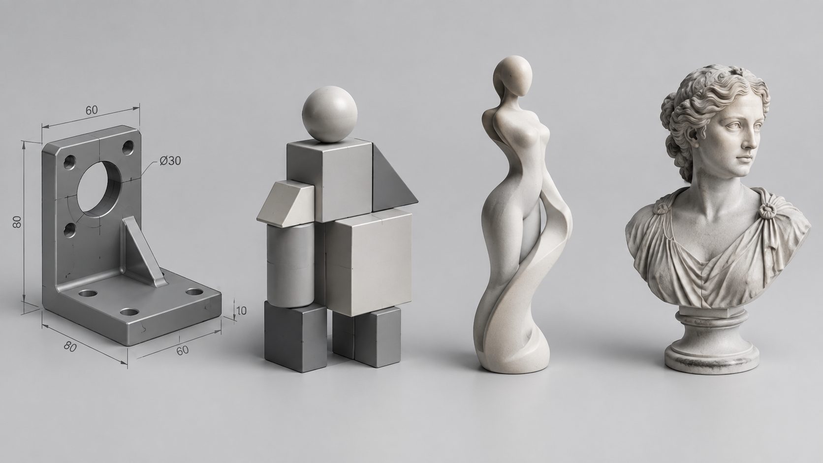 Four abstract 3D forms representing parametric CAD, direct modeling, sculpting, and AI generation design paths