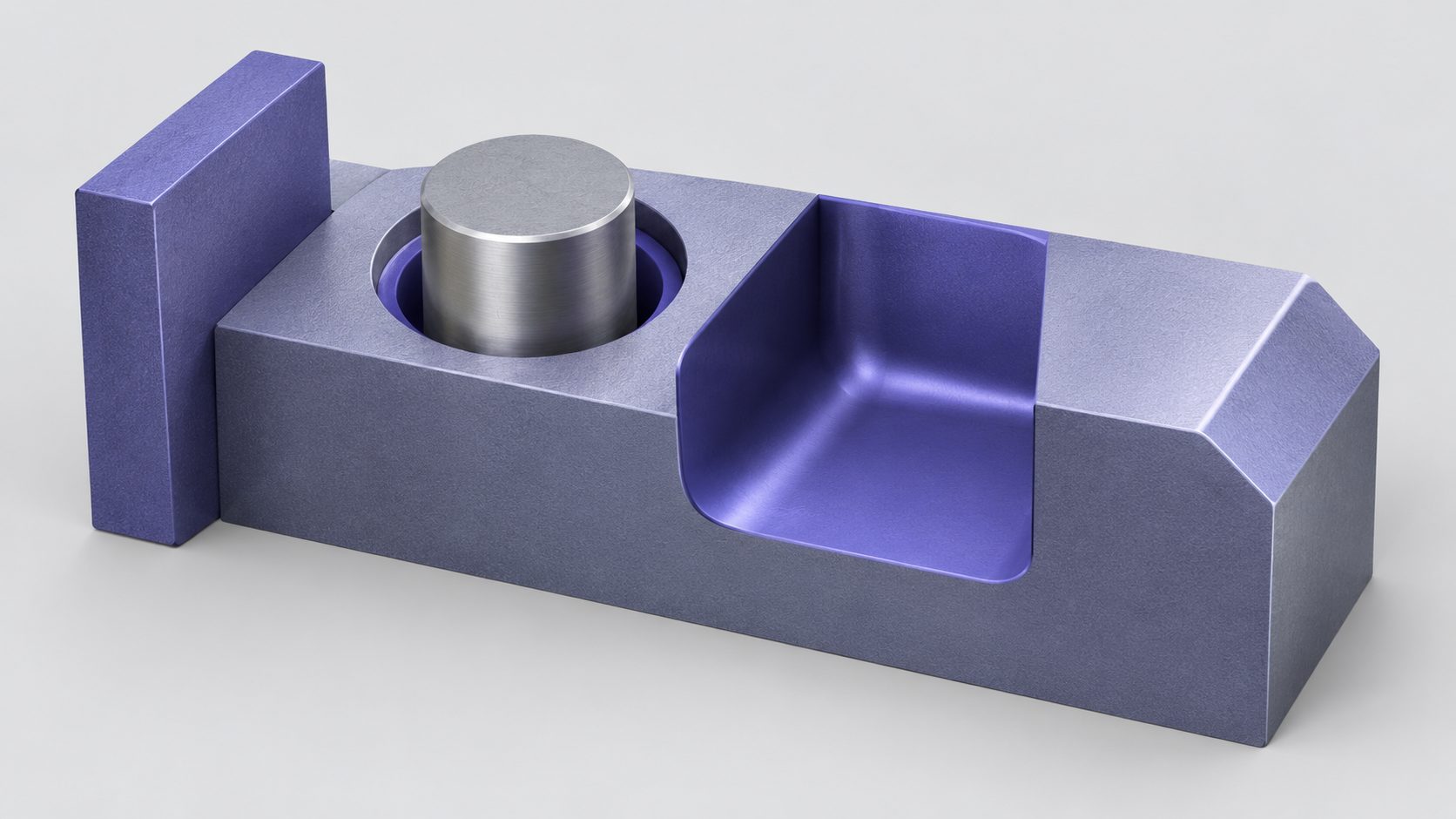 Geometry study render showing wall thickness, a hole with clearance gap, a fillet, and a chamfer