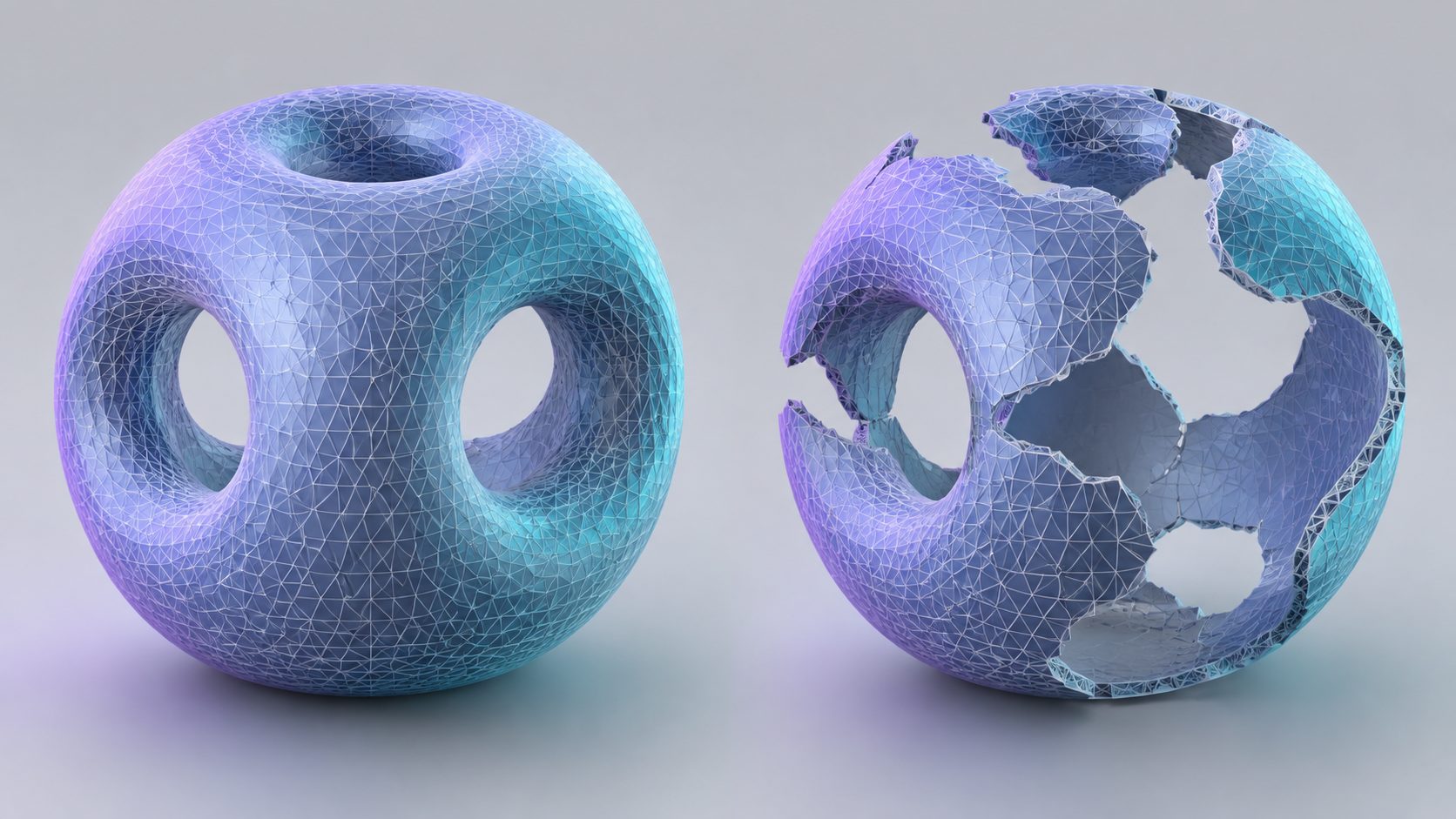 Watertight closed 3D mesh beside a non-manifold mesh with visible holes and open edges