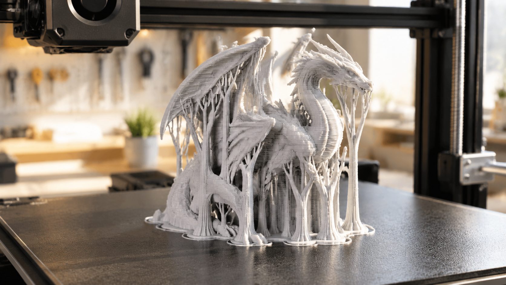 Sliced model on a 3D printer bed showing layer lines and support structures