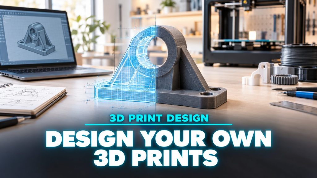 How to design your own 3D prints: from idea to printable model, shown as a 3D printed part on a maker workbench