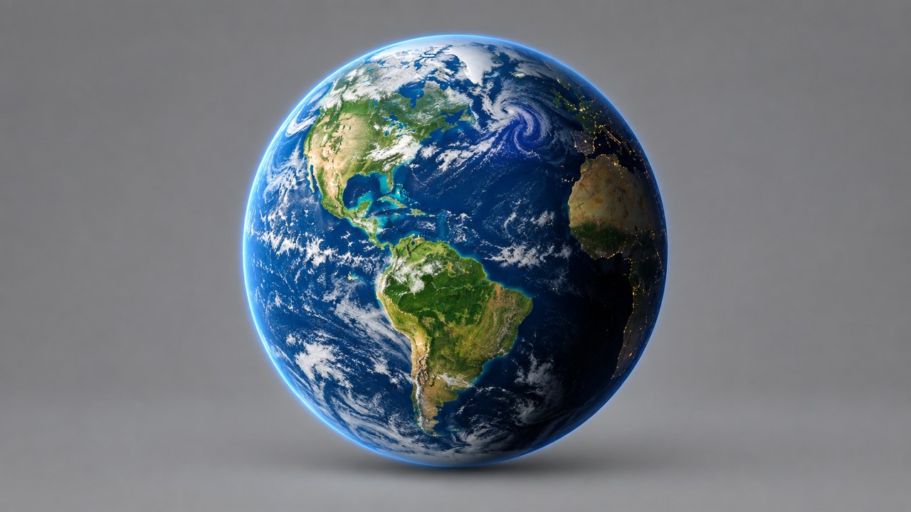 A generated 3D model of Earth rendered as a textured globe with a visible day and night terminator line and a thin blue atmosphere rim against a plain studio background