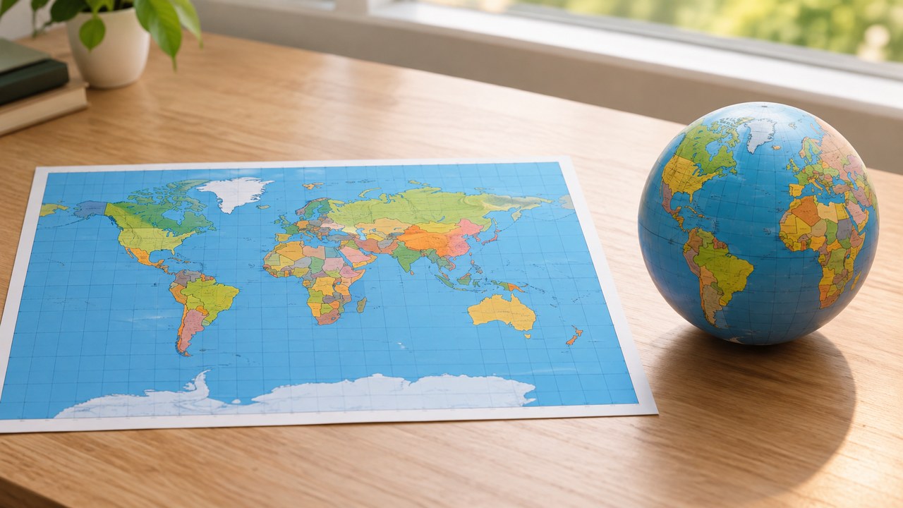 A flat equirectangular world map printed on paper lying beside the finished 3D Earth model it was reconstructed into, showing how the rectangular map wraps onto the sphere