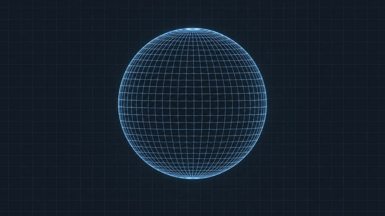 A wireframe view of a spherical Earth mesh showing even quad distribution across the surface on a dark technical background