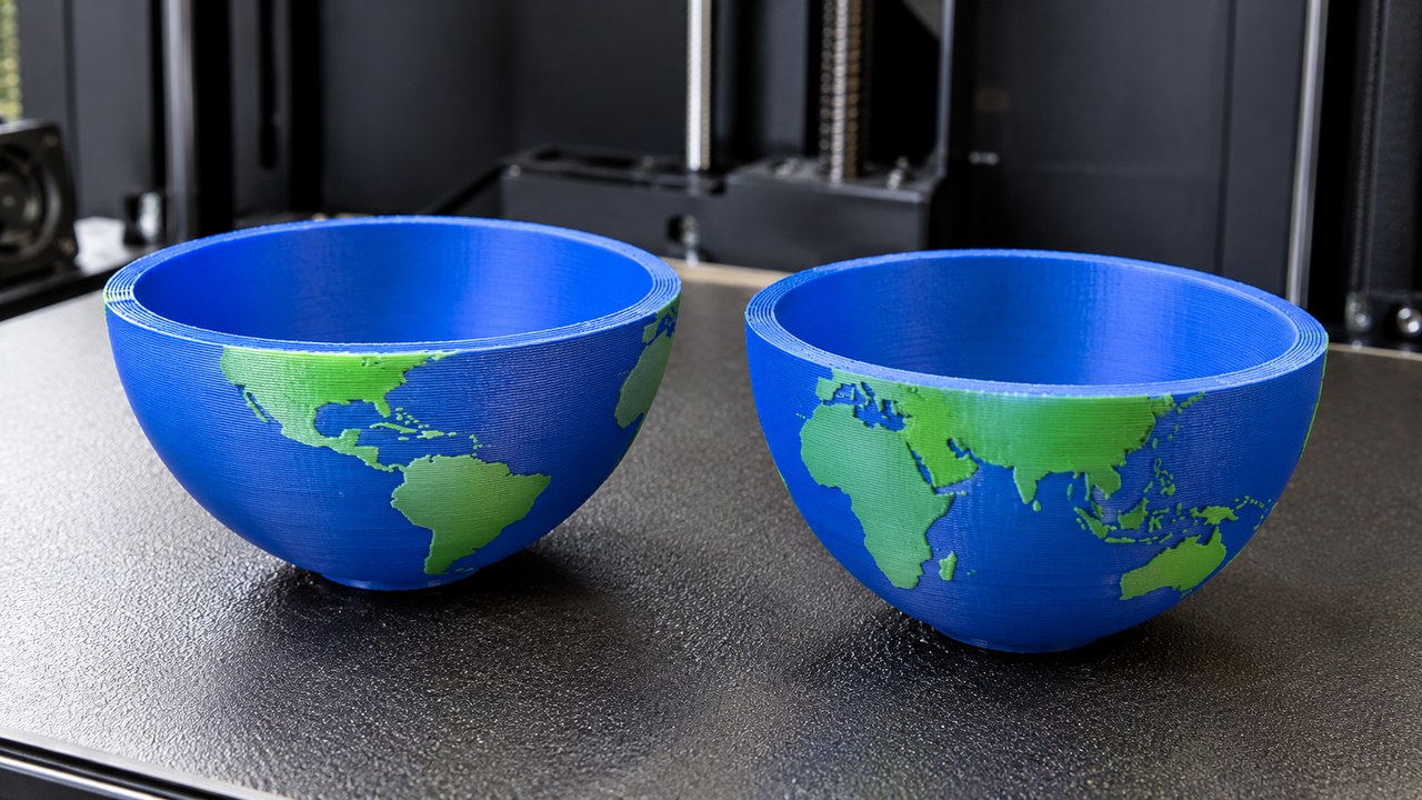 A 3D printed Earth globe split into two hemispheres resting on a printer bed, with visible horizontal layer lines and one half hollowed out