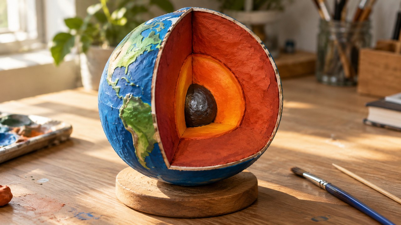 A handmade clay model of Earth cut open into a quarter section, showing the inner core, outer core, mantle, and crust as distinct colored layers on a craft desk