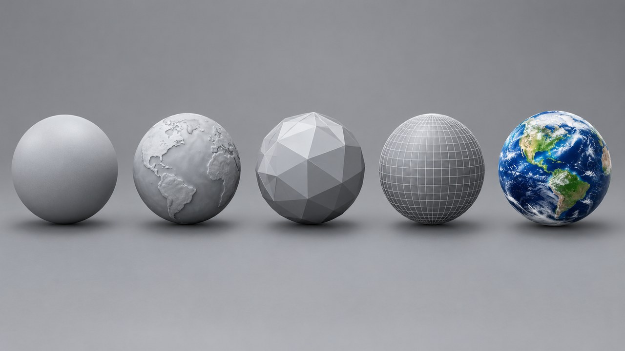 Five abstract spherical forms arranged in a row, each with a different surface treatment representing the five routes to an Earth model, with no text or labels