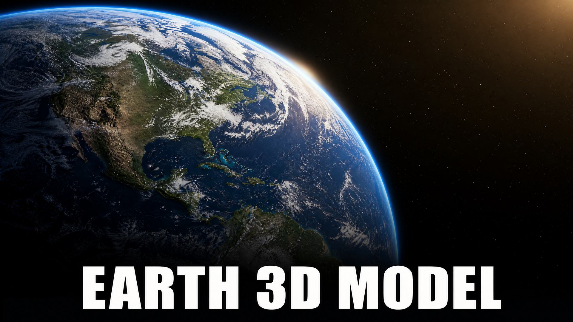 An Earth 3D model as a textured globe seen from orbit with a warm sunlit atmosphere rim against deep space, above the title Earth 3D Model