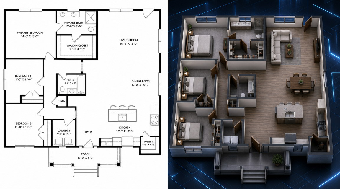 2D floor plan to 3D conversion: a scanned floor plan image beside a watertight 3D architectural model output