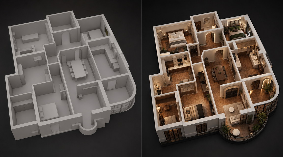 Floor plan to 3D output comparison: a white base mesh beside the same model with full PBR materials applied