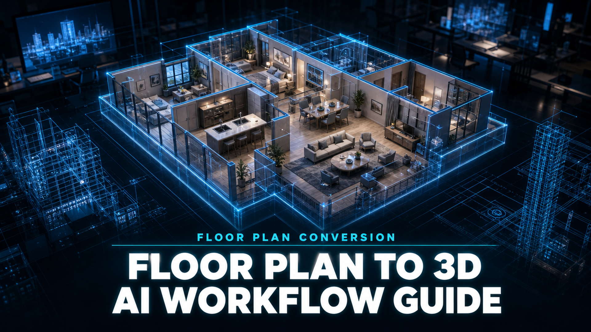 Floor plan to 3D AI workflow: a 2D floor plan converted into a fully furnished 3D architectural model