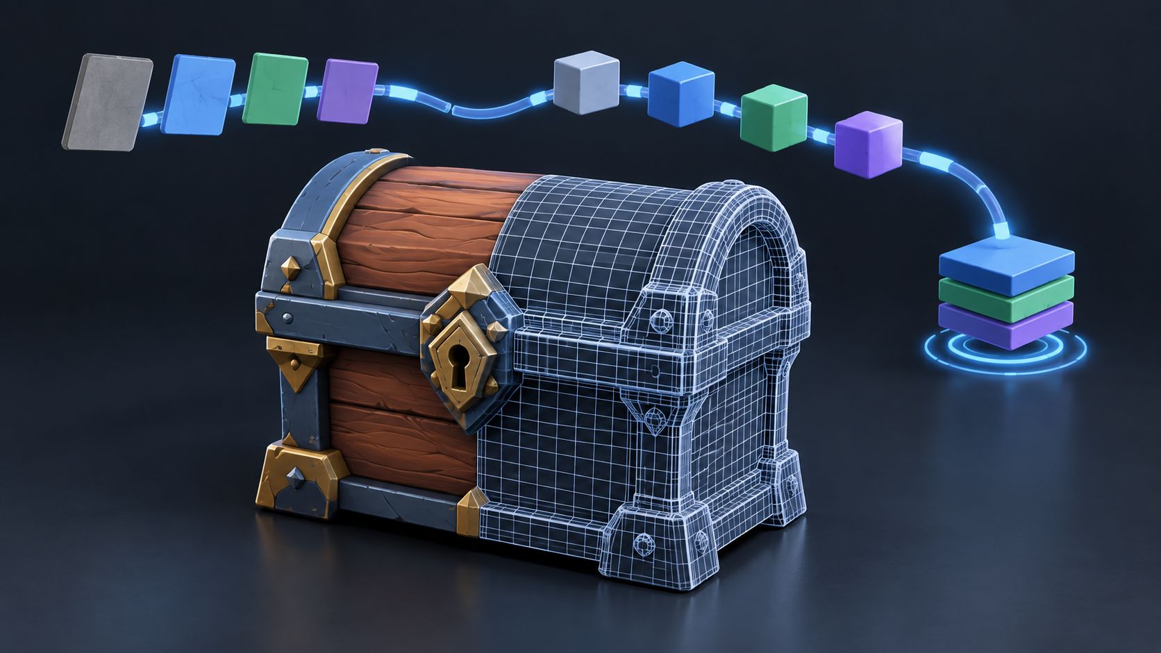 Watertight 3D game prop mesh shown half solid and half wireframe with abstract format tiles along a pipeline