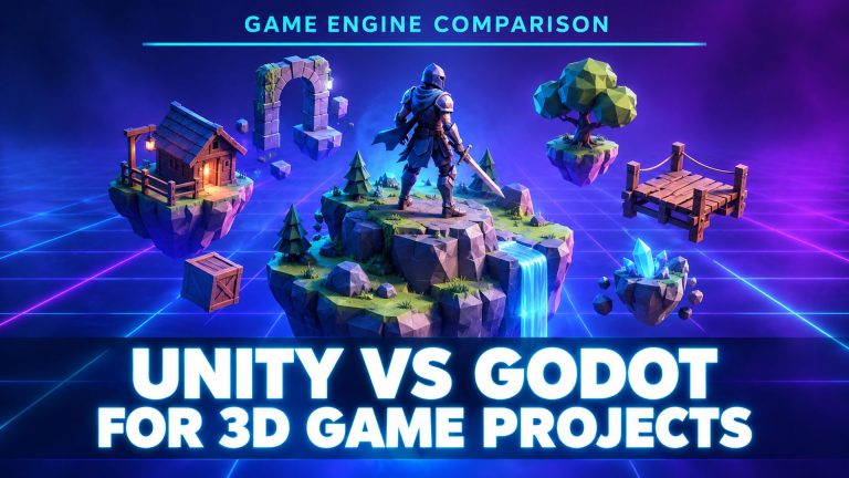 Godot vs Unity engine comparison for 3D game projects, low-poly game world with a game character