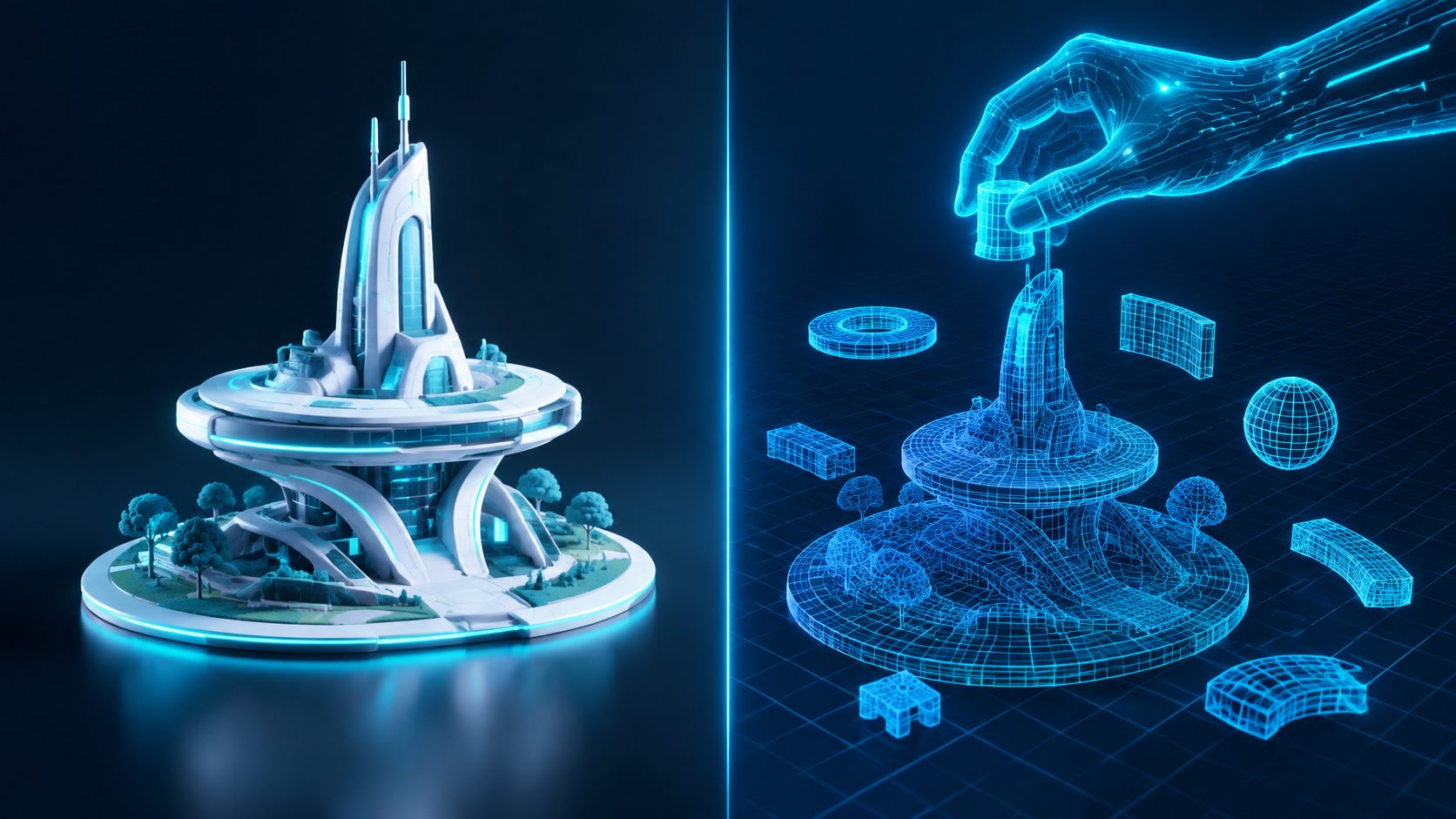 Conceptual comparison of native AI 3D generation returning a finished mesh and an AI agent editing a wireframe 3D scene in Blender.