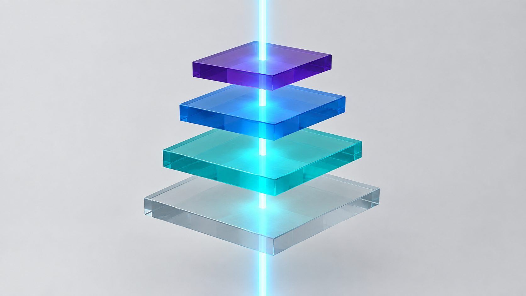 Four stacked translucent geometric layers passing a glowing signal upward, illustrating a four layer software stack