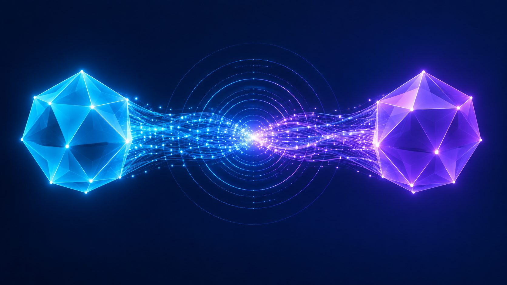 Two glowing abstract endpoints completing a handshake across a data channel, representing a client server socket connection
