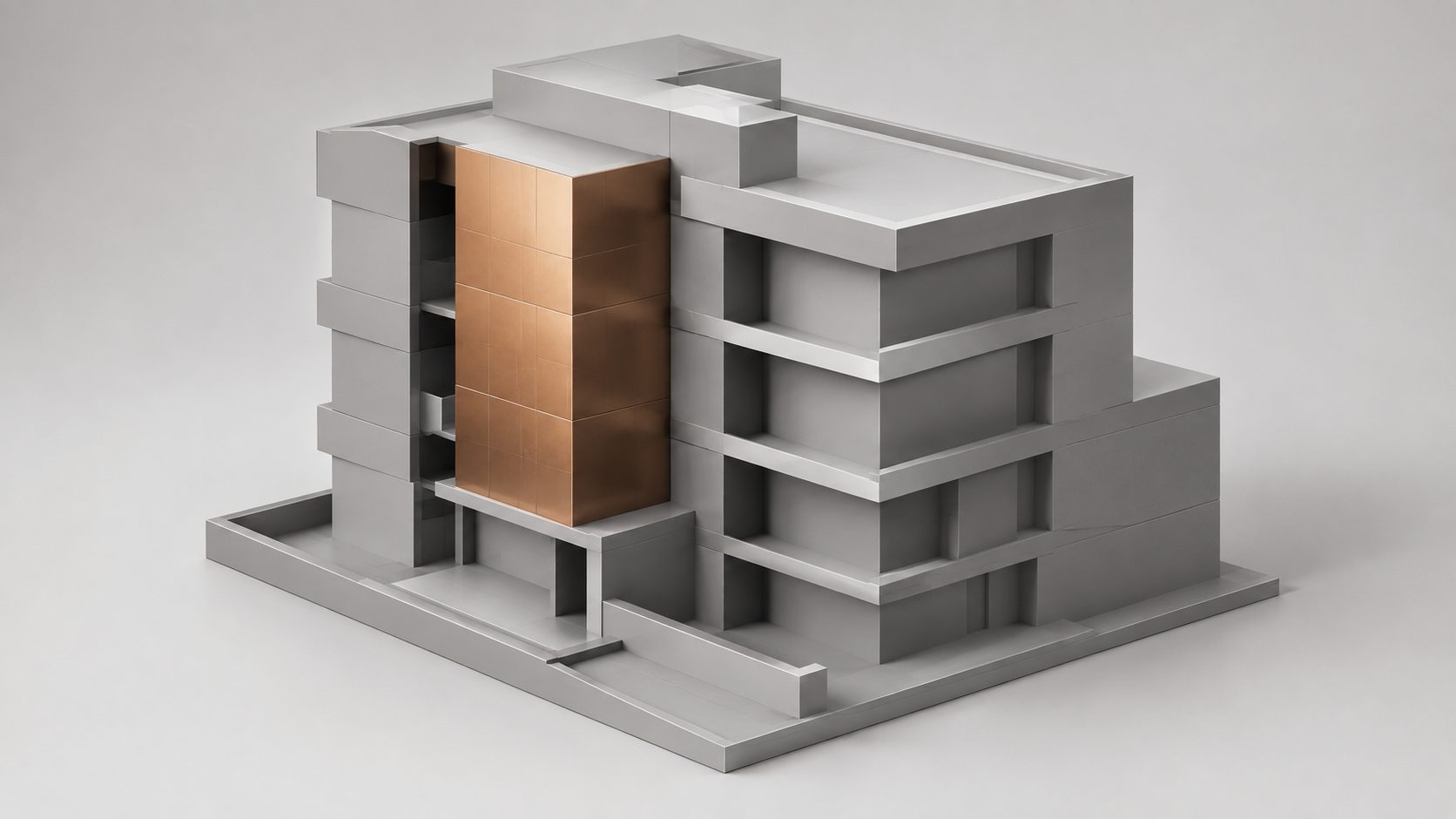 Clean grey clay render of a modern multi storey building massing model with one facade panel in a contrasting material