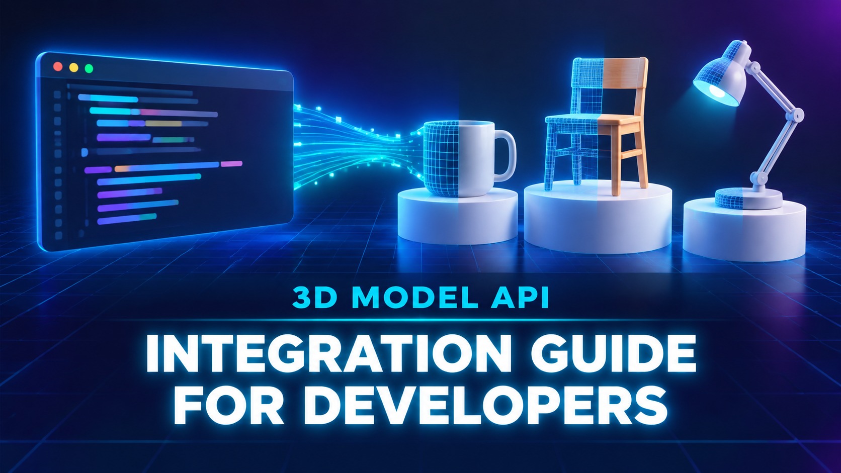 Developer integrating an image to 3D model API: a code editor connected to 3D object models transitioning from wireframe to textured form