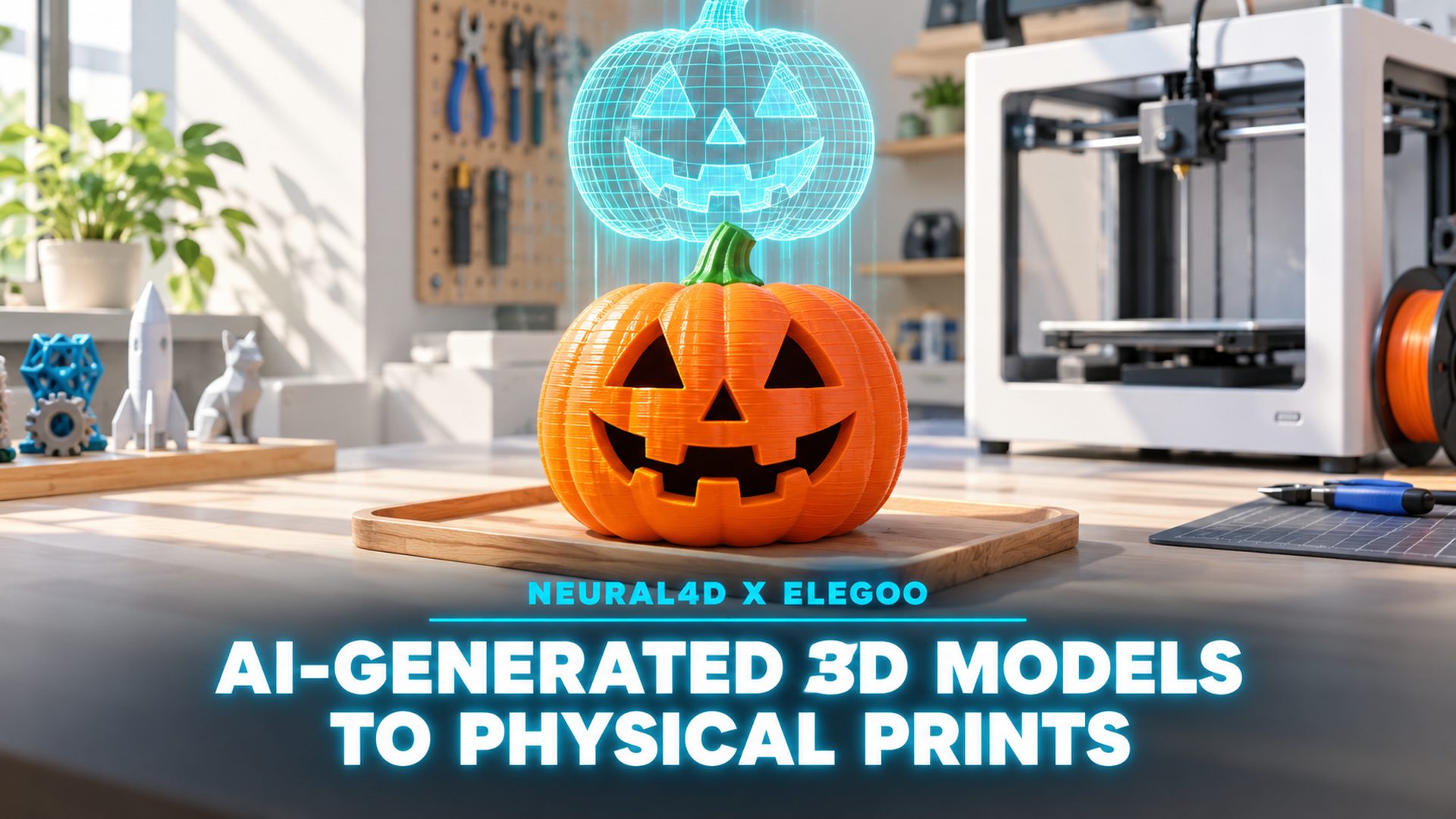 Digital wireframe of an AI-generated jack-o'-lantern model above the finished 3D print, made with N4D and ELEGOO