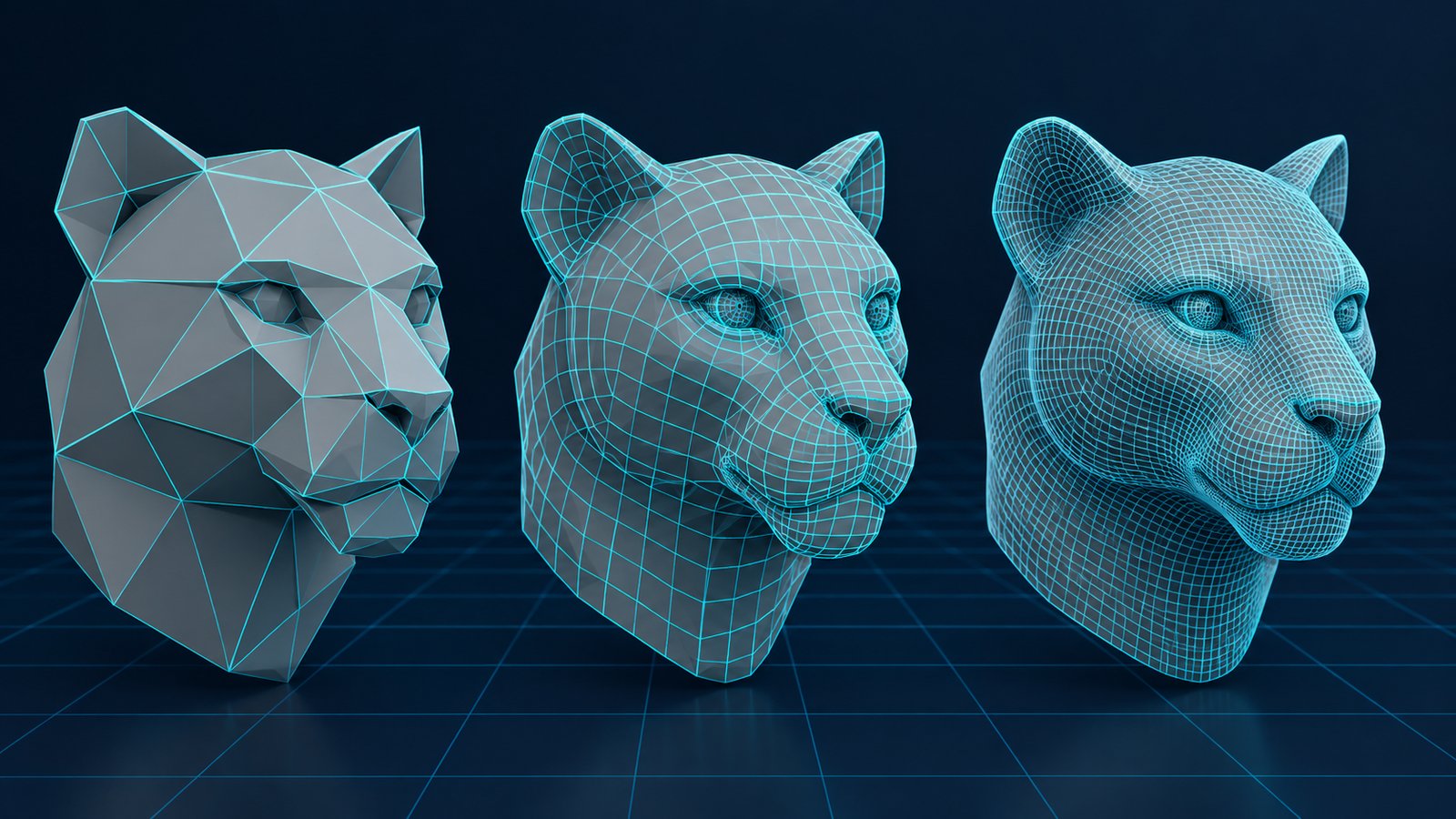 The same 3D model at three mesh density tiers: low-poly triangles, medium quad topology, and a dense high-detail wireframe